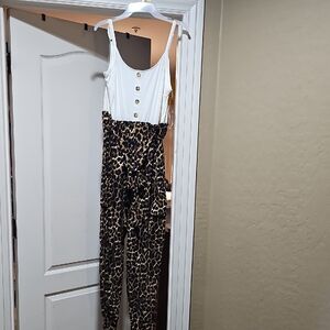 No Boundaries White and Leopard Print Jumpsuit